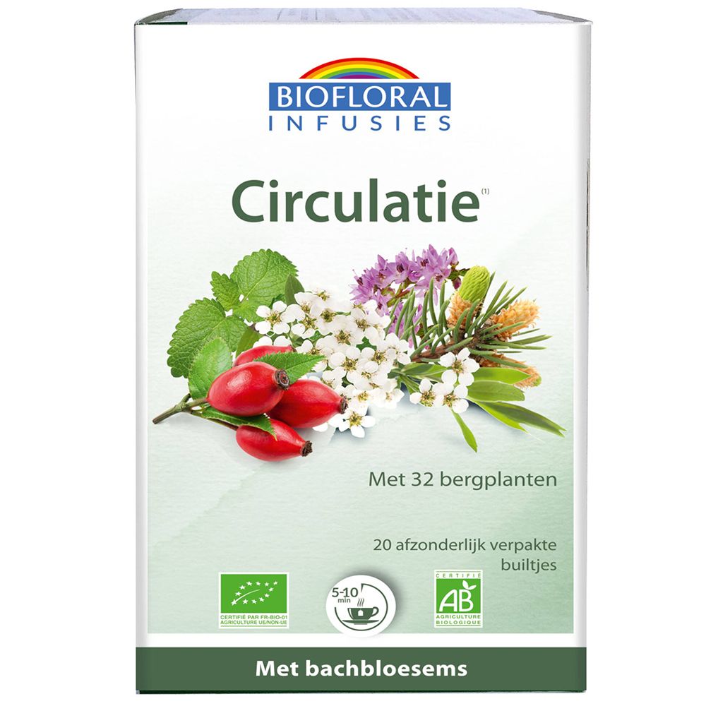 Doos met opschrift "Circulatie" en "Met bachbloesems". Illustratie van planten en bloemen. AB-label en bio-logo.