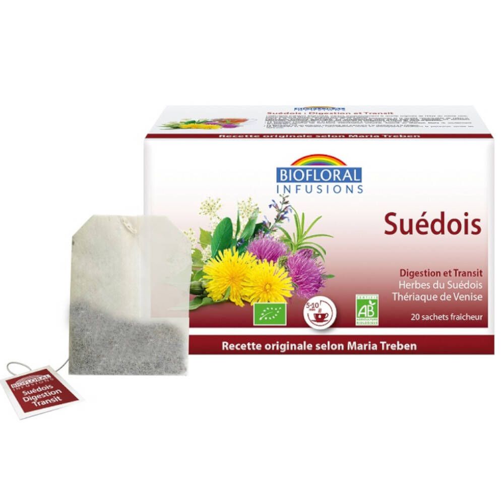 Boîte de thé avec sachet. Inscription: Biofloral Infusions, Suédois, Digestion et Transit, 20 sachets fraîcheur. Label AB.