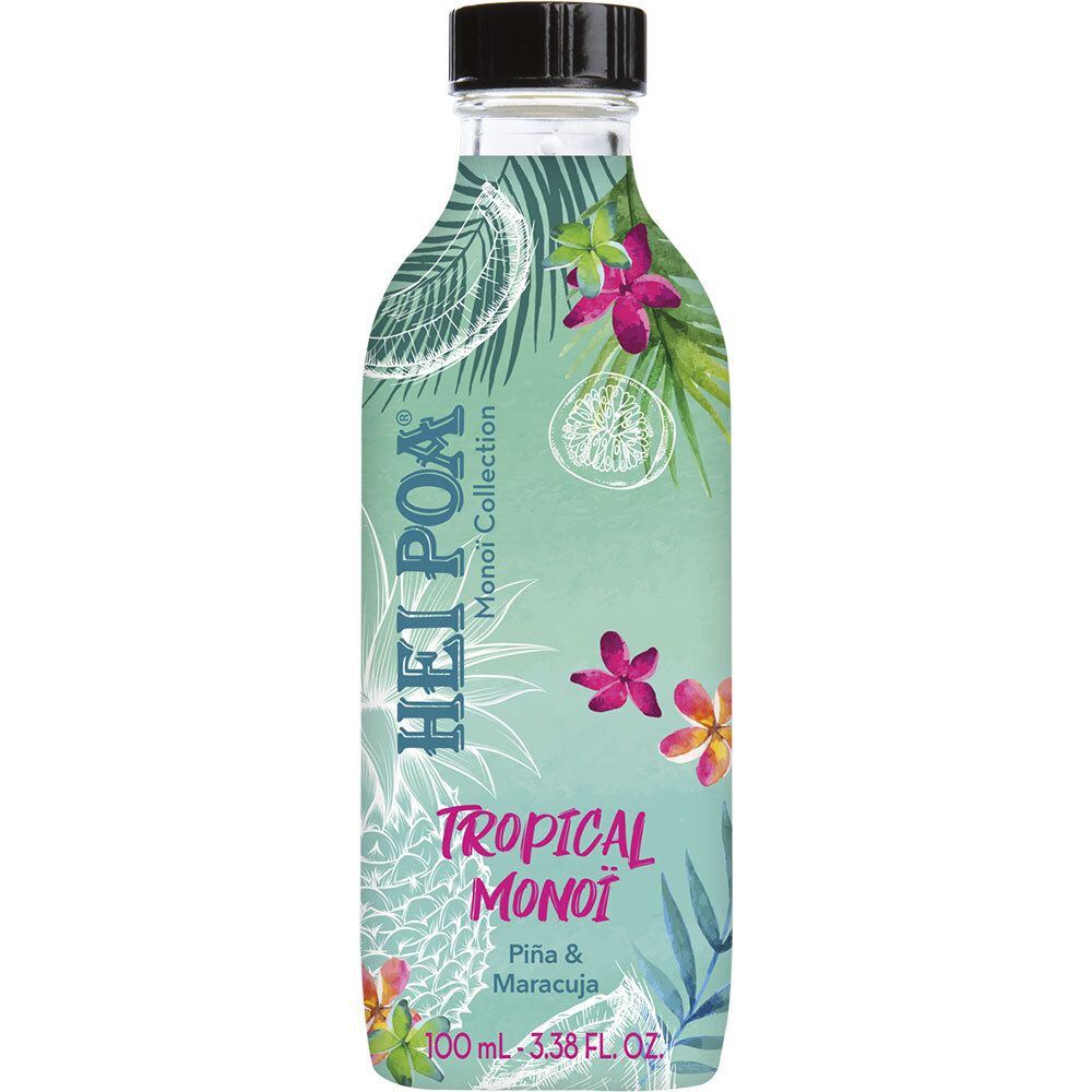 Bouteille HEI POA Tropical Monoï. Turquoise avec motifs floraux et feuilles. Bouchon noir. Inscription: Tropical Monoï, Piña & Maracuja.