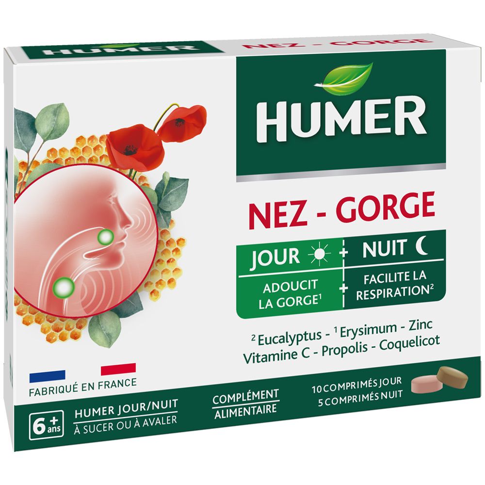 Verpackung HUMER Nase & Hals Tag- & Nacht Tabletten. Enthält Tag- und Nachttabletten. Mit Inhaltsstoffen wie Eukalyptus und Zink.