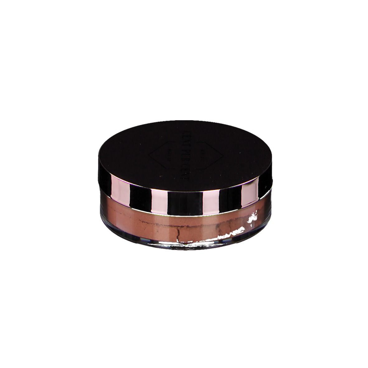 Récipient rond avec couvercle noir. Le contenu est rose. Le couvercle porte le nom de la marque.