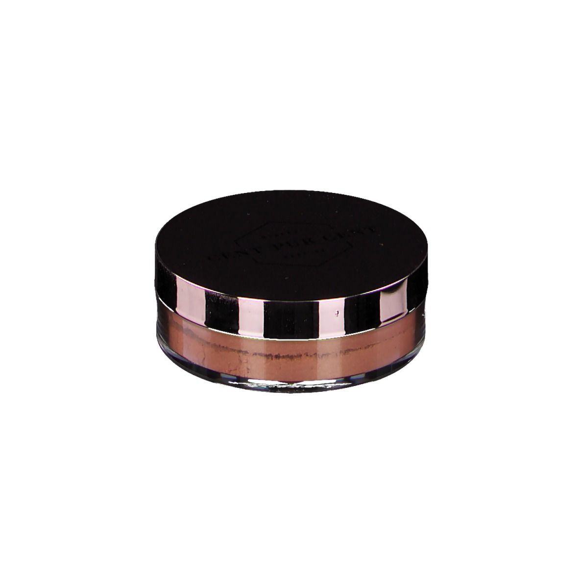 Récipient rond avec couvercle noir. Le contenu est rose. Le couvercle porte le nom de la marque.