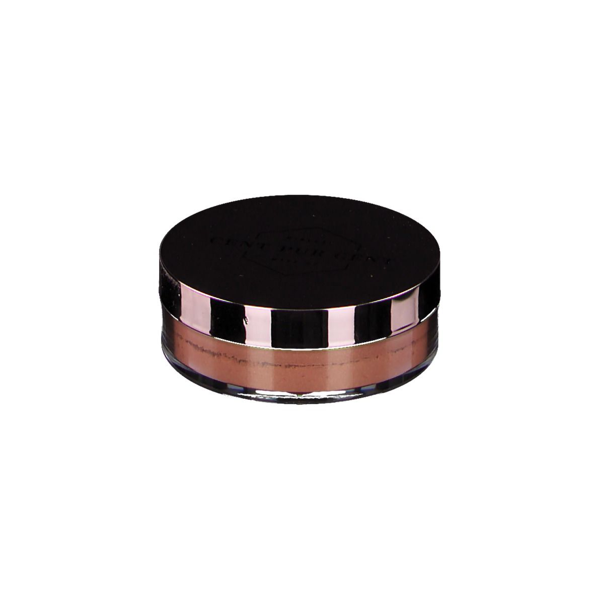 Récipient rond avec couvercle noir. Le contenu est rose. Le couvercle porte le nom de la marque.