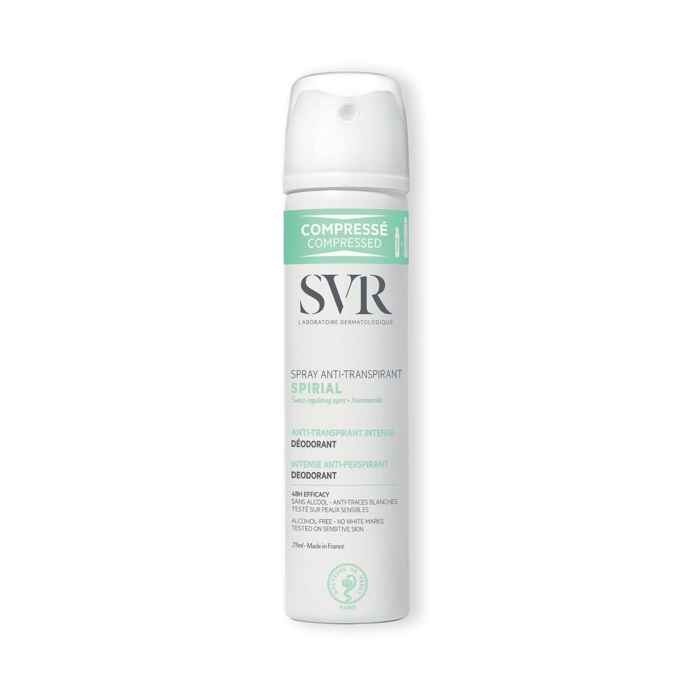 Spray anti-transpirant SVR Spirial blanc avec étiquette verte. 48h d'efficacité, déodorant. Laboratoire Dermatologique.