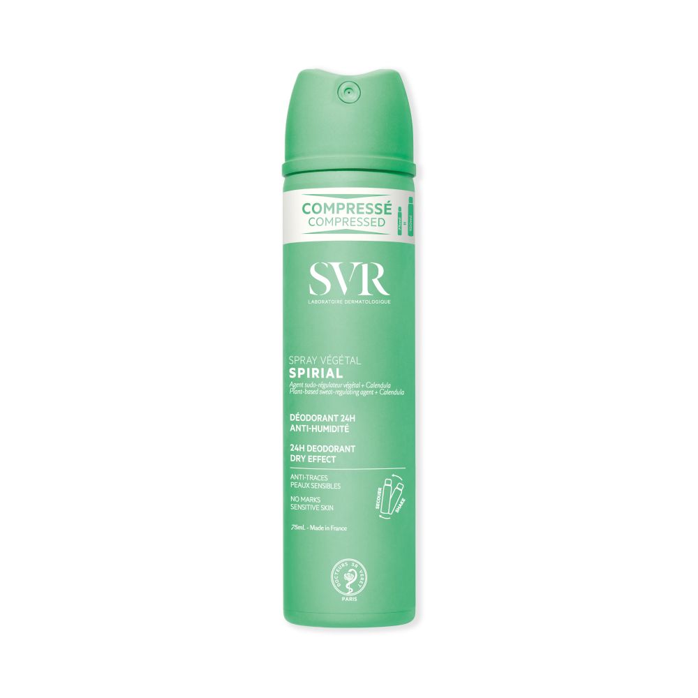 SVR Spirial Spray vegetal. Witte spuitfles met groene dop. Tekst: Compressé, SVR, Spirial Spray vegetal, 24h, Anti-Humidité, Dry Effect.