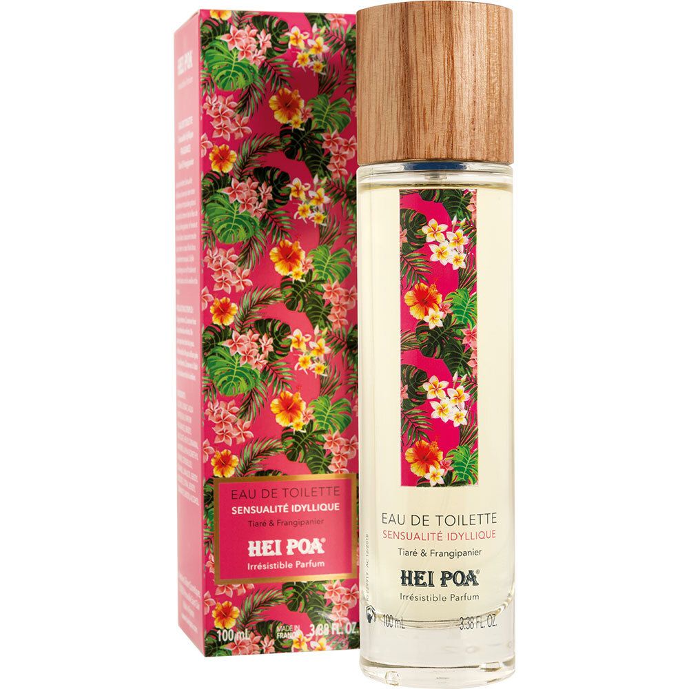 Parfumfles en verpakking. Opschrift: HEI POA, Eau de Toilette. Bloemenmotief op fles en verpakking.