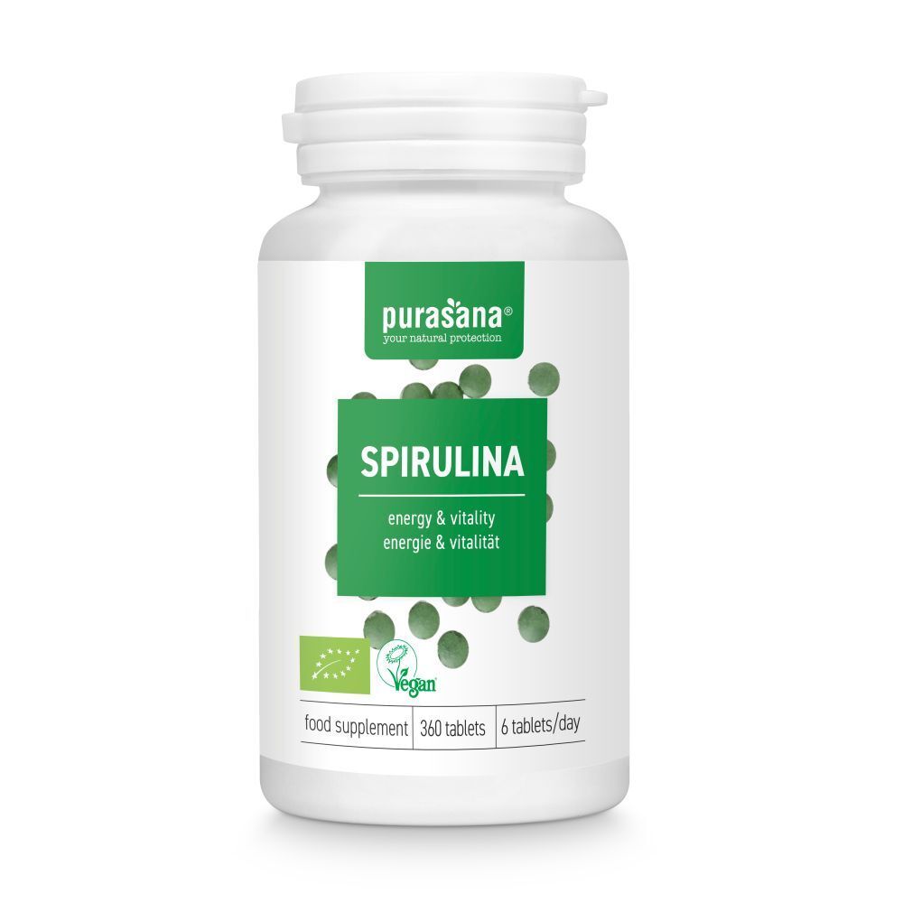 Flacon blanc avec étiquette verte. Inscription: Spiruline, énergie & vitalité. Label vegan. 360 comprimés, 6 comprimés/jour.
