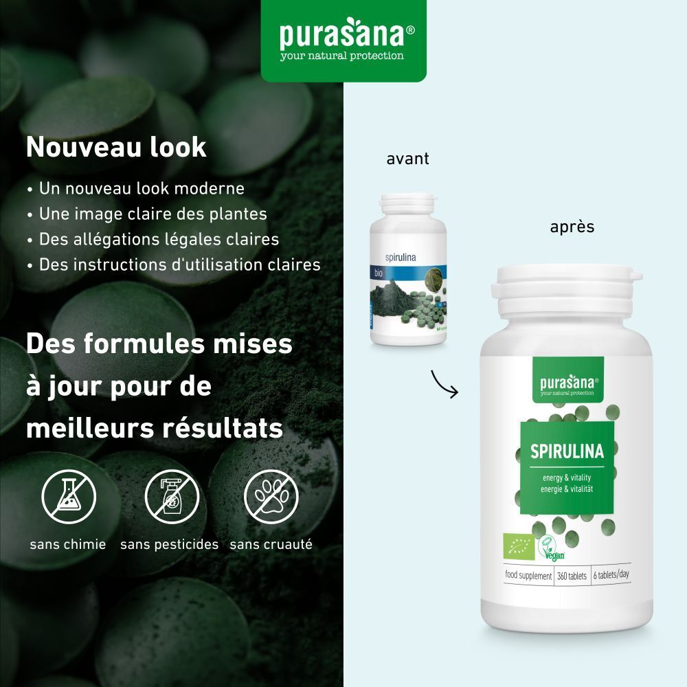 Comparaison des anciens et nouveaux emballages. Nouvel emballage: flacon blanc avec étiquette verte. Inscription: Spiruline. Label vegan.
