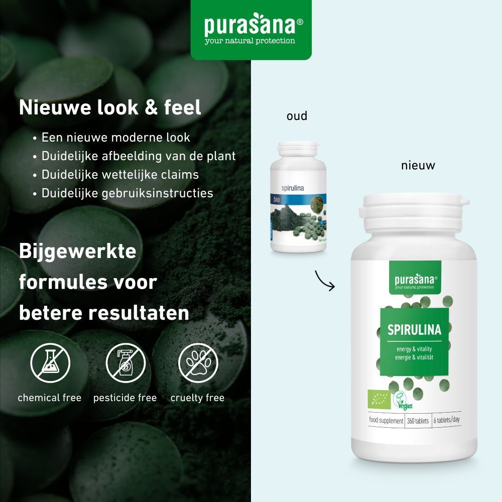 Vergelijking oude en nieuwe productverpakking. Nieuwe verpakking: witte fles met groen etiket. Opschrift: Spirulina. Vegan-zegel.