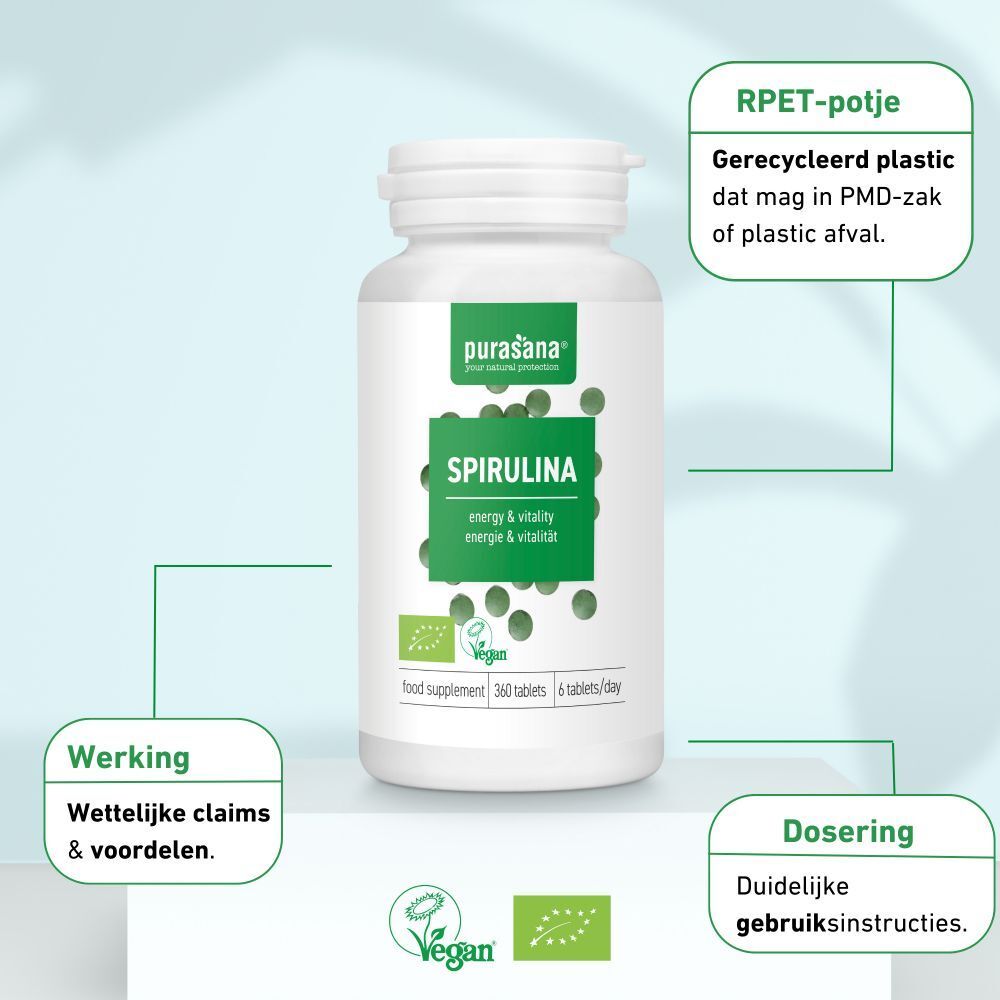 Productfles met groene markeringen. Opschrift: Spirulina. Tekst: Energie & vitaliteit. Vegan-zegel. R-PET-pot. Dosering: gebruiksaanwijzing.