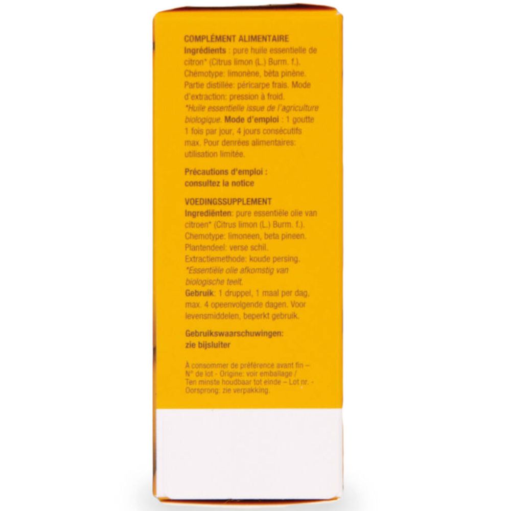 Achterkant van de verpakking. Tekst: ingrediënten, gebruiksaanwijzing, waarschuwingen, bio-keurmerk.