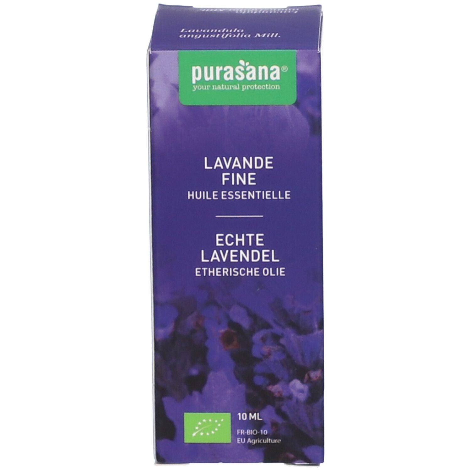 Karton mit grüner Schrift und lila Hintergrund. Text: Lavande Fine, 10 ml, Bio-Siegel, Lavandula angustifolia Mill.