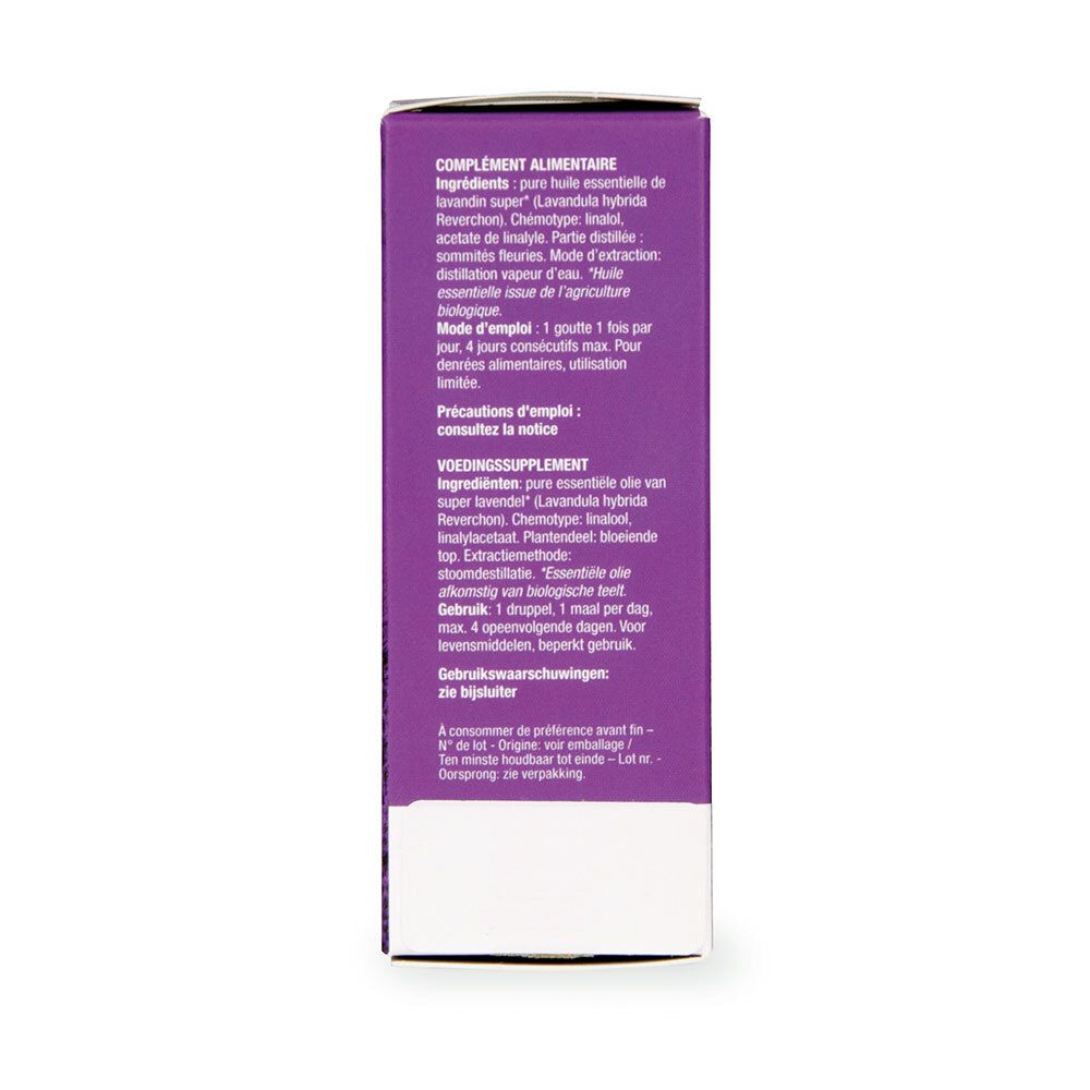 Achterkant verpakking purasana® Lavendelolie. Tekst in het Nederlands en Frans: ingrediënten, gebruik, voorzorgsmaatregelen.