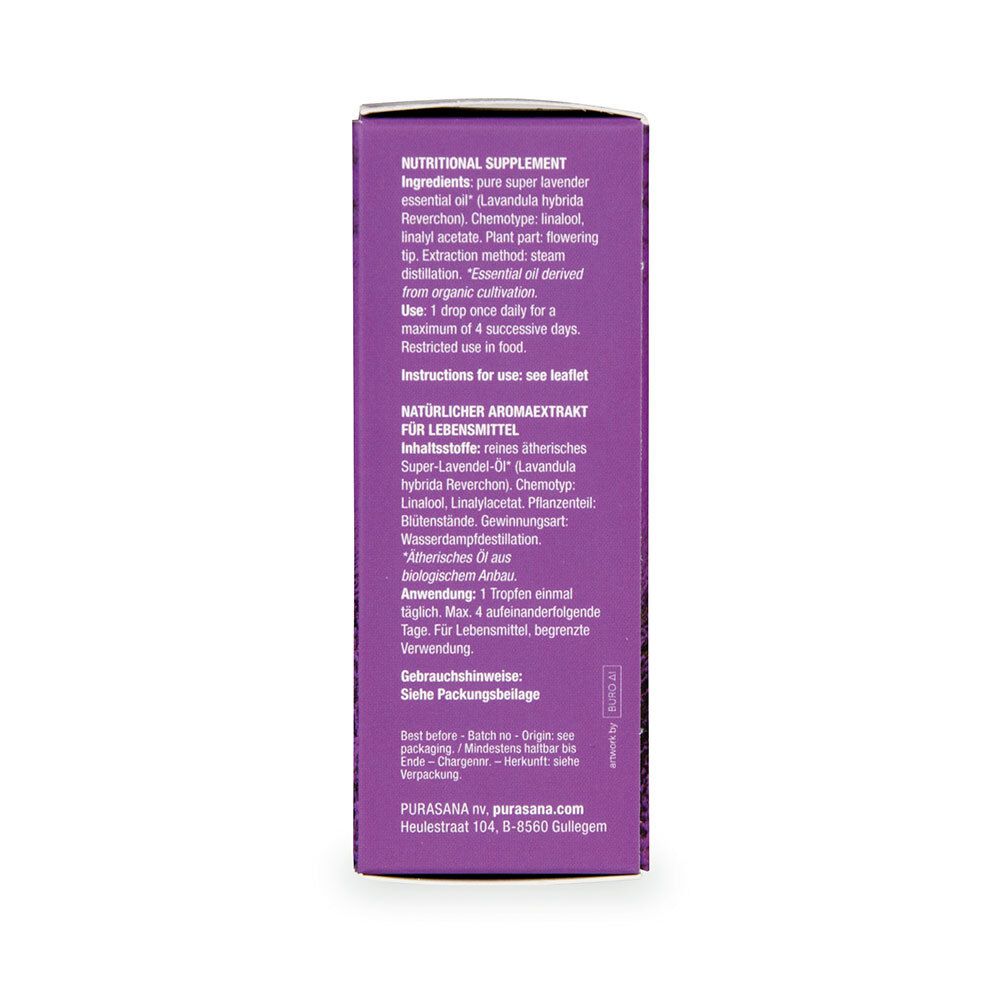 Achterkant verpakking purasana® Lavendelolie. Tekst in het Engels: ingrediënten, gebruik, voorzorgsmaatregelen.