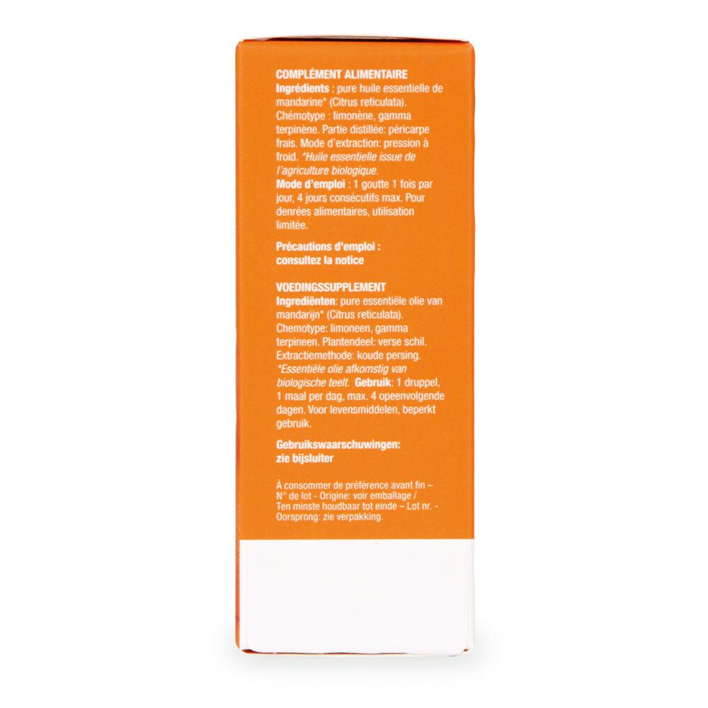 Achterkant van de oranje doos. Tekst: ingrediënten, gebruik, voorzorgsmaatregelen, bio-label.