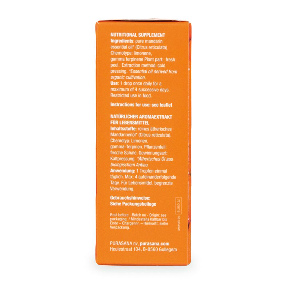 Achterkant van de oranje doos. Tekst: ingrediënten, gebruik, waarschuwingen, purasana.com.