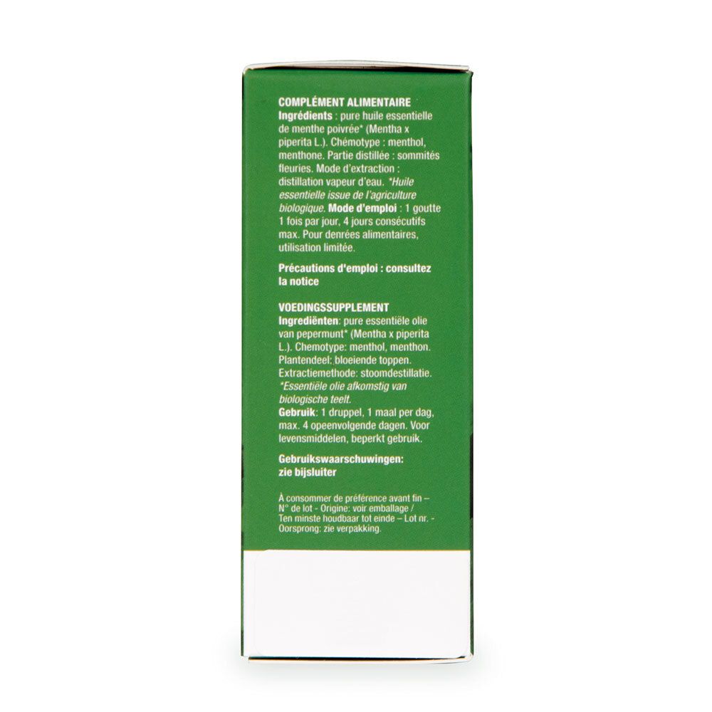 Achterkant van de groene doos met tekst in meerdere talen. Bevat informatie over ingrediënten en gebruik.