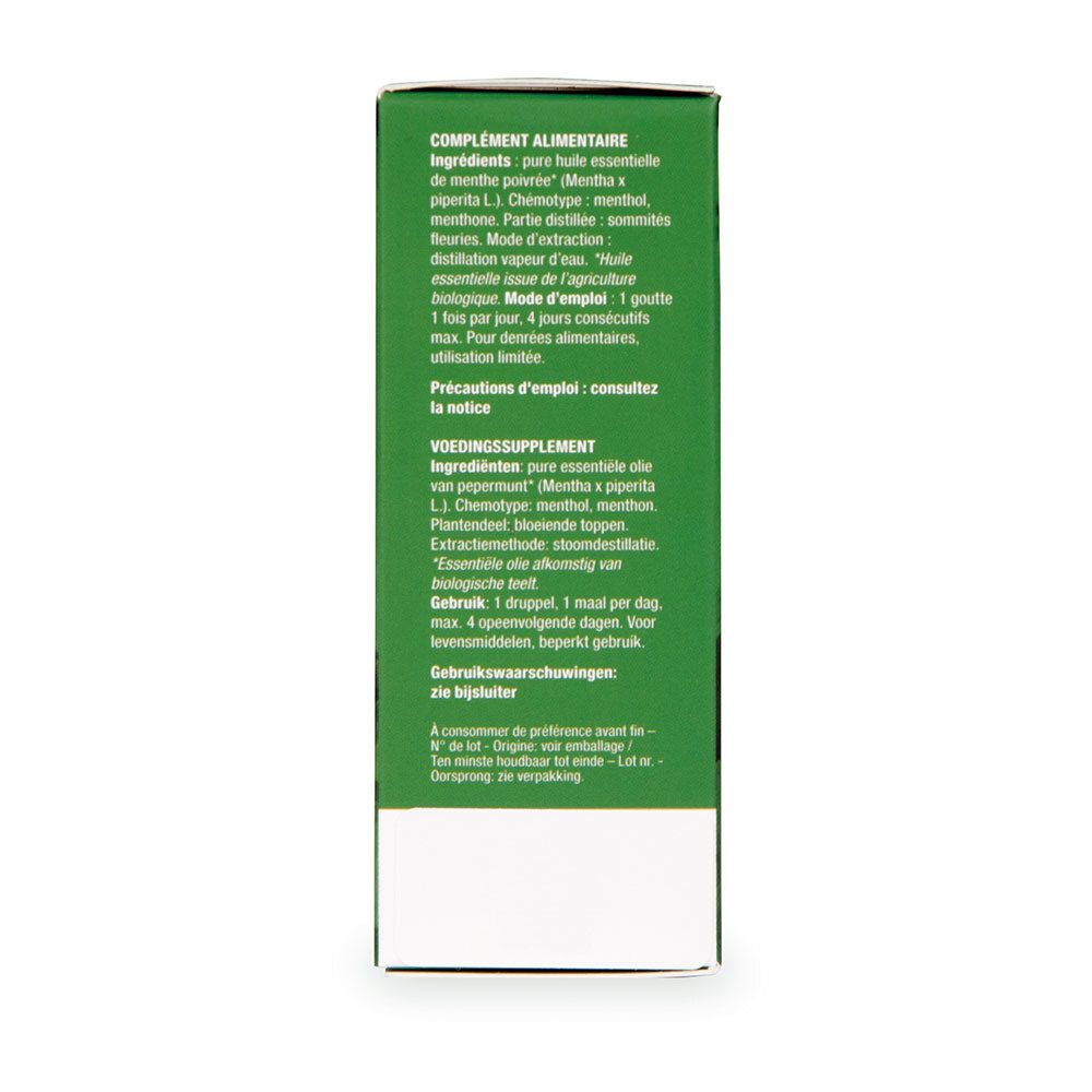 Achterkant van de groene doos met tekst in meerdere talen. Bevat informatie over ingrediënten en gebruik.