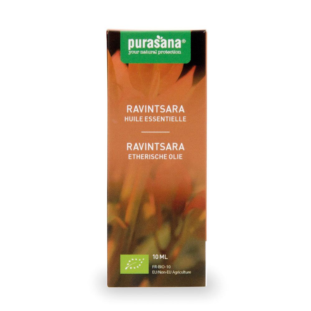 Bruine doos met purasana® Ravintsara. Groen-witte opdruk. Tekst: Ravintsara, etherische olie. Bio-label.