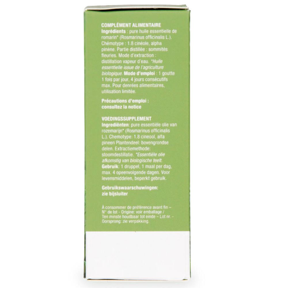 Achterkant van de groene verpakking met tekst: Ingrediënten, gebruiksaanwijzing. Tekst in het Frans en Nederlands.
