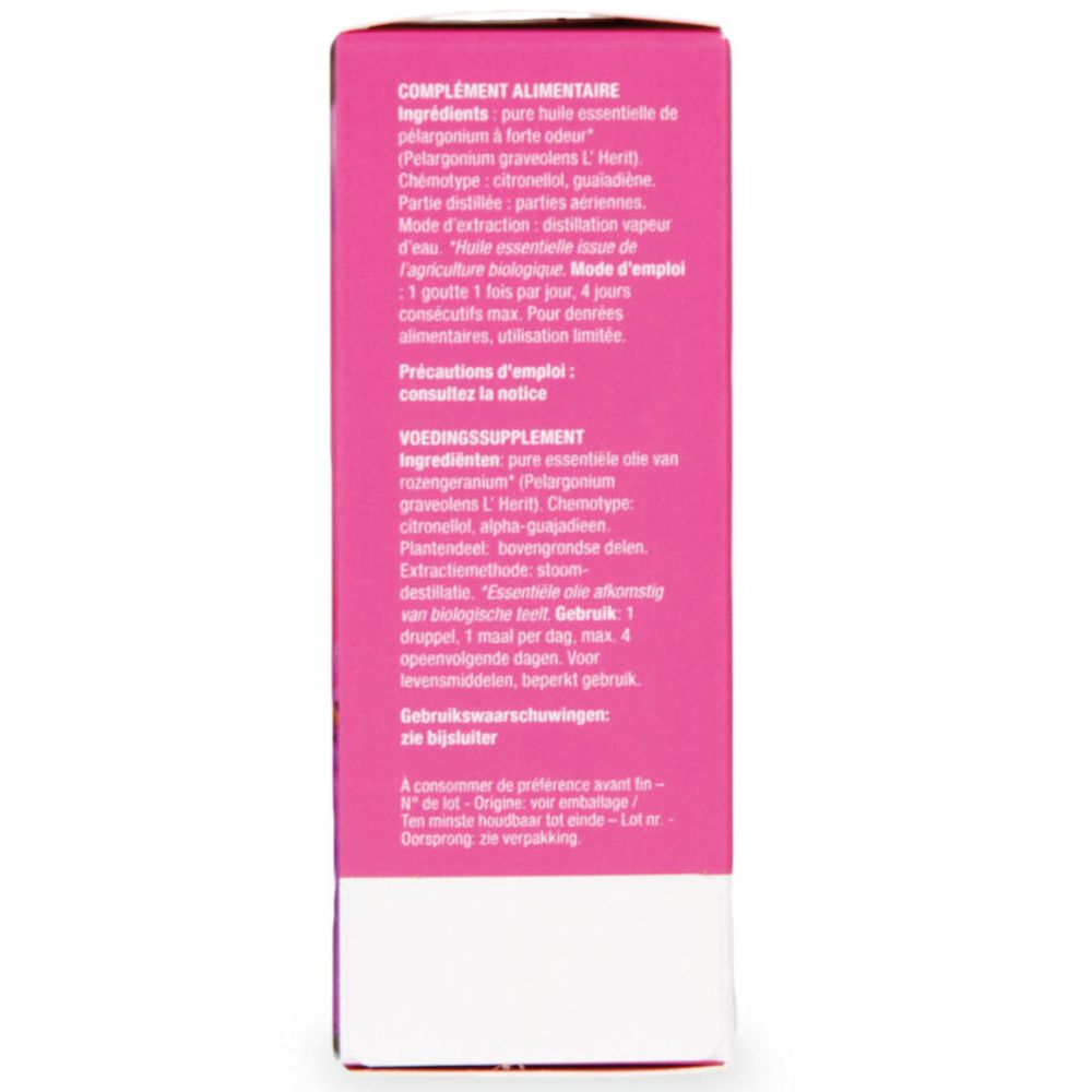 Zijaanzicht van de verpakking purasana® Geranium Bourbon Öl. Tekst: Ingrediënten, gebruiksaanwijzing, bio-label.