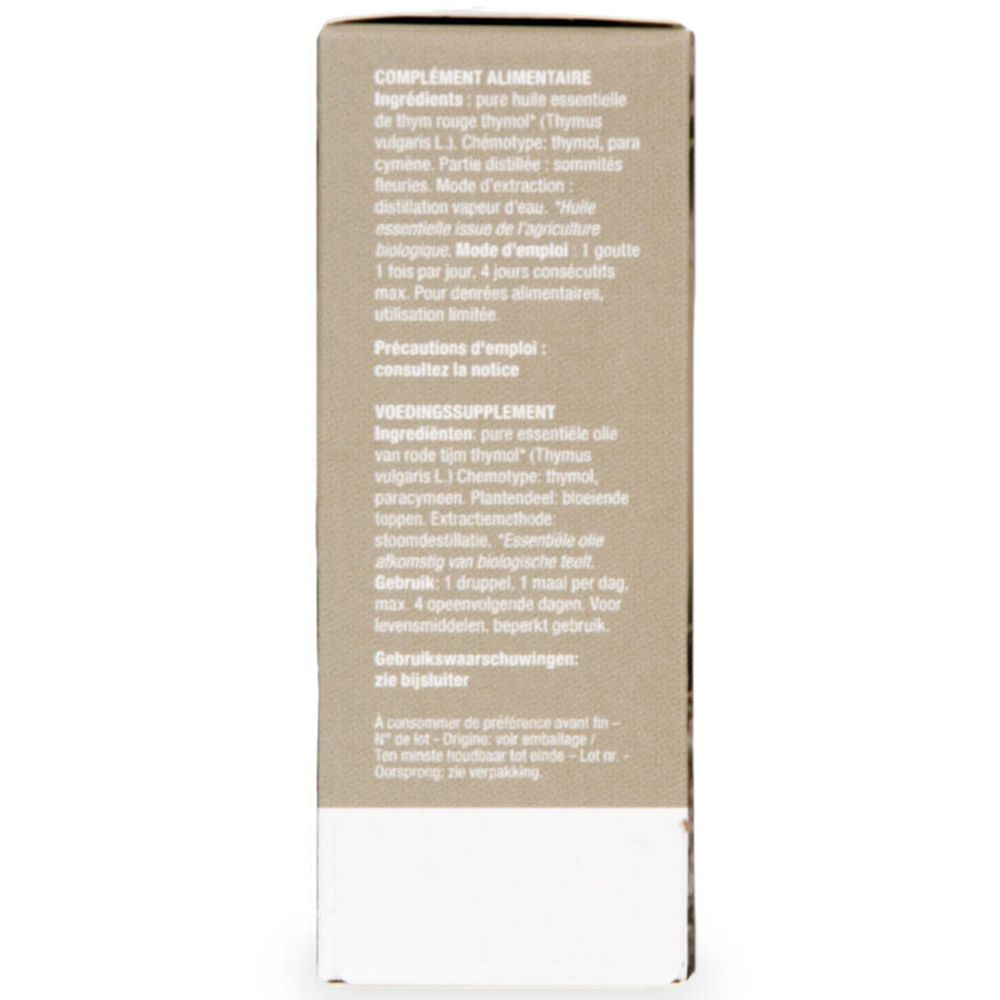 Rückseite der Kartonverpackung von purasana® Rotes Thymianöl. Text in Deutsch, Französisch und Niederländisch.