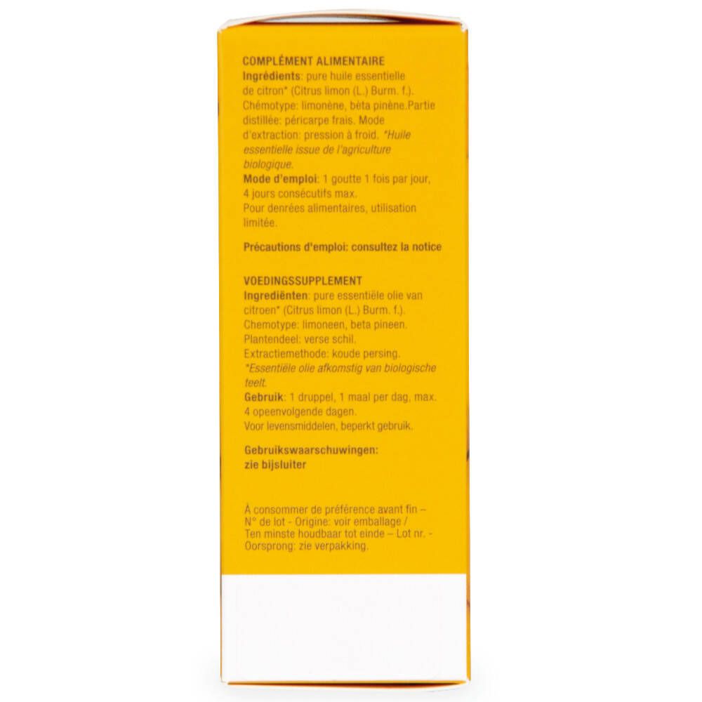 Gele verpakking met tekst. Ingrediëntenlijst, gebruiksaanwijzing. Tekst: complément alimentaire, Voedingssupplement, Gebruikswaar-schuwingen.