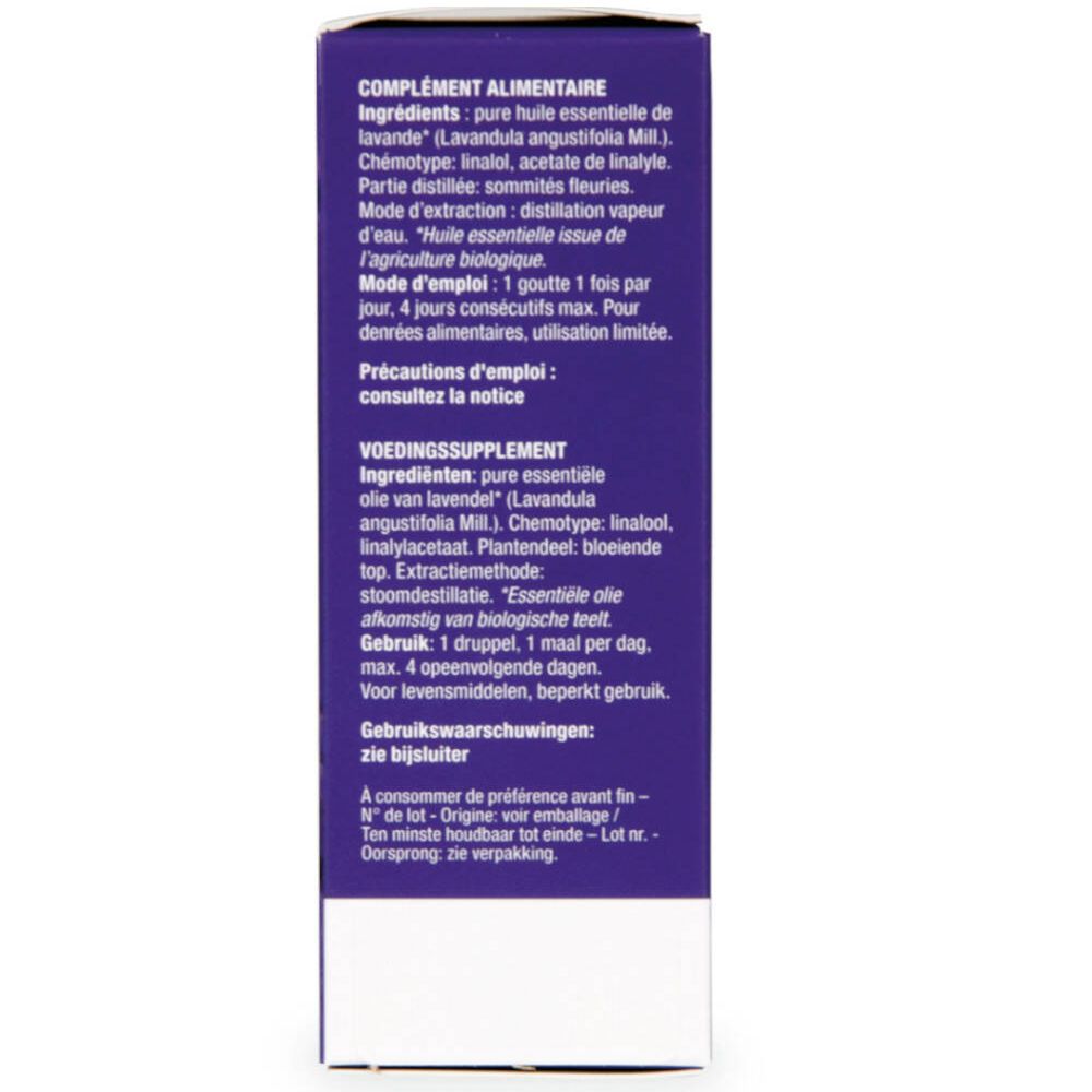 Achterkant verpakking purasana® Lavande Fine. Tekst in Frans en Nederlands. Ingrediënten, gebruiksaanwijzing.