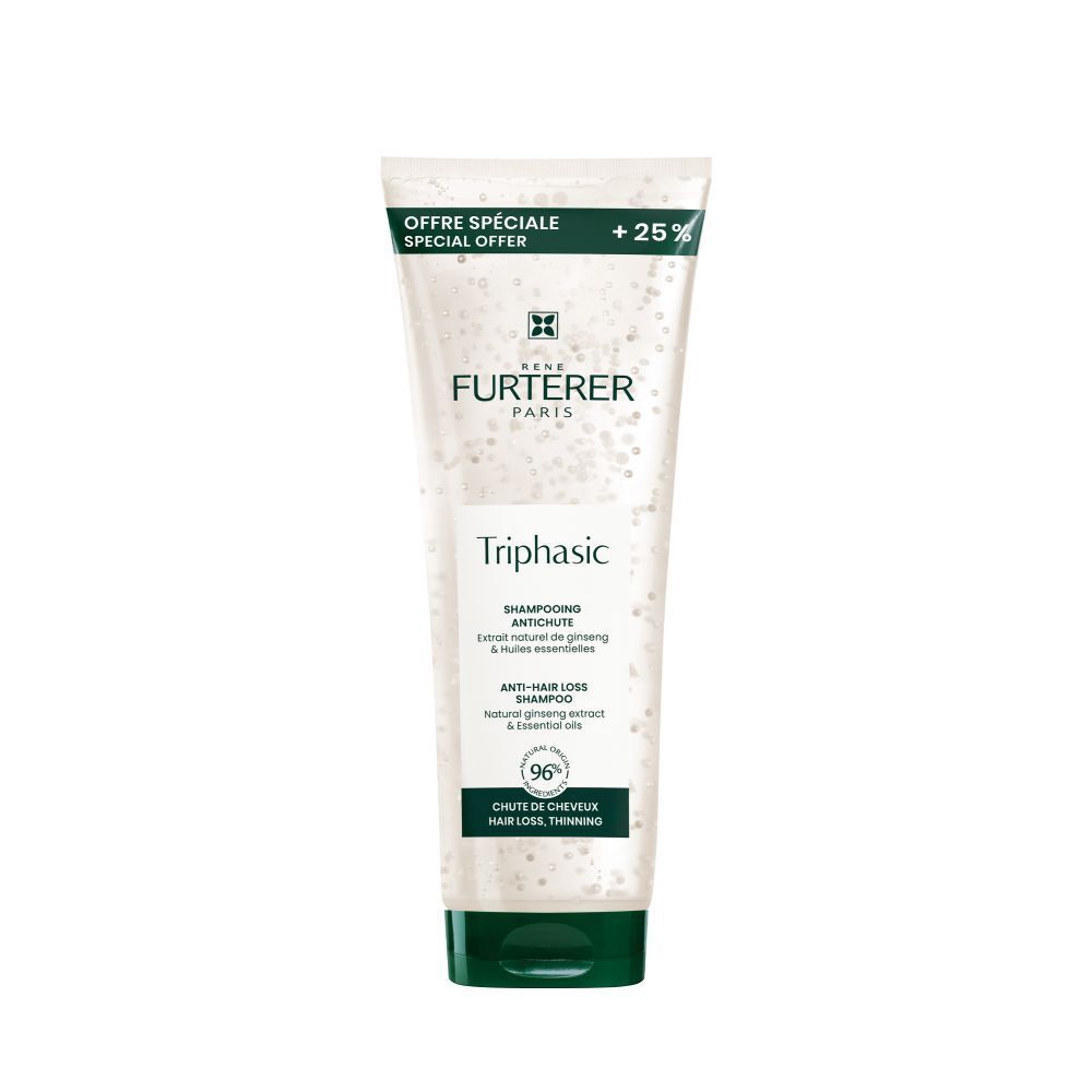 Witgroene tube shampoo. Opschrift: RENE FURTERER PARIS, Triphasic, anti-haaruitval shampoo. 96% natuurlijke ingrediënten.
