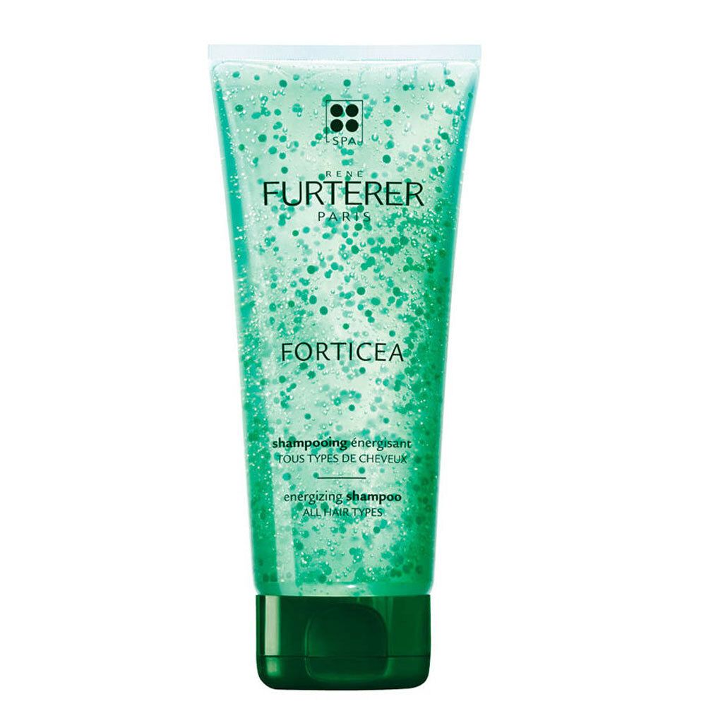 Grüne Tube mit Shampoo. Aufschrift: FURTERER PARIS, FORTICEA. Enthält grüne Kügelchen. Schwarzer Deckel.
