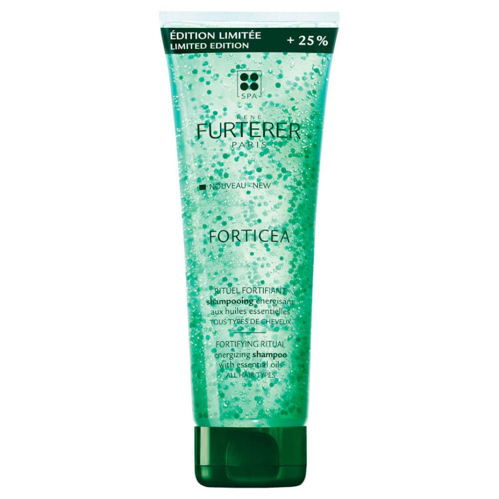 Tube de shampooing vert. Inscriptions: FURTERER, FORTICEA, Edition Limitée. Contient des particules vertes.