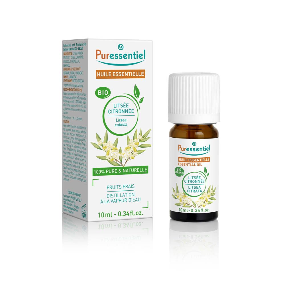 Puressentiel ätherisches Zitronenlitsea Öl, 10ml Flasche und Karton. Bio-zertifiziert.