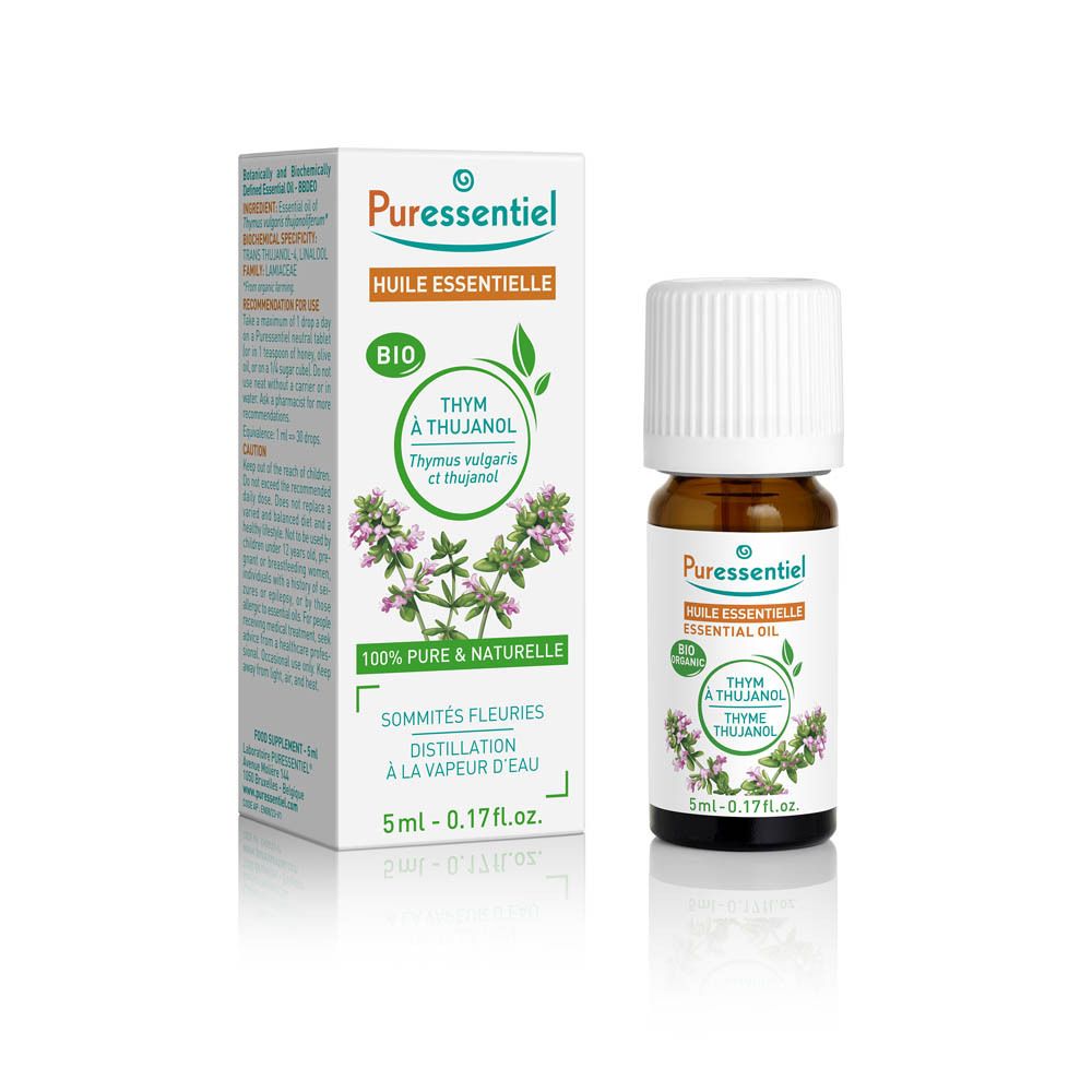 Flacon en verre brun, bouchon blanc, carton. Inscription: Puressentiel, Thym à thujanol, BIO. 5ml.