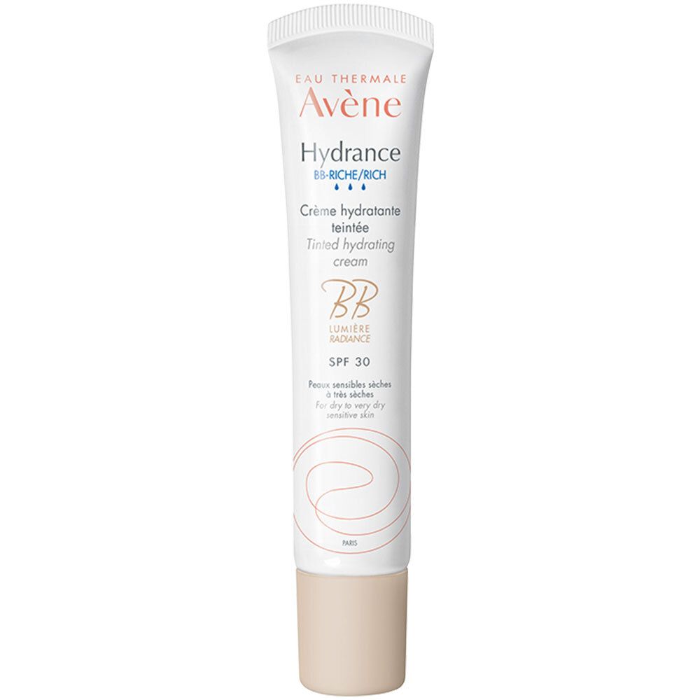Tube de crème Avène Hydrance BB-Rich. Crème hydratante teintée, SPF 30. Pour peaux sensibles et sèches.
