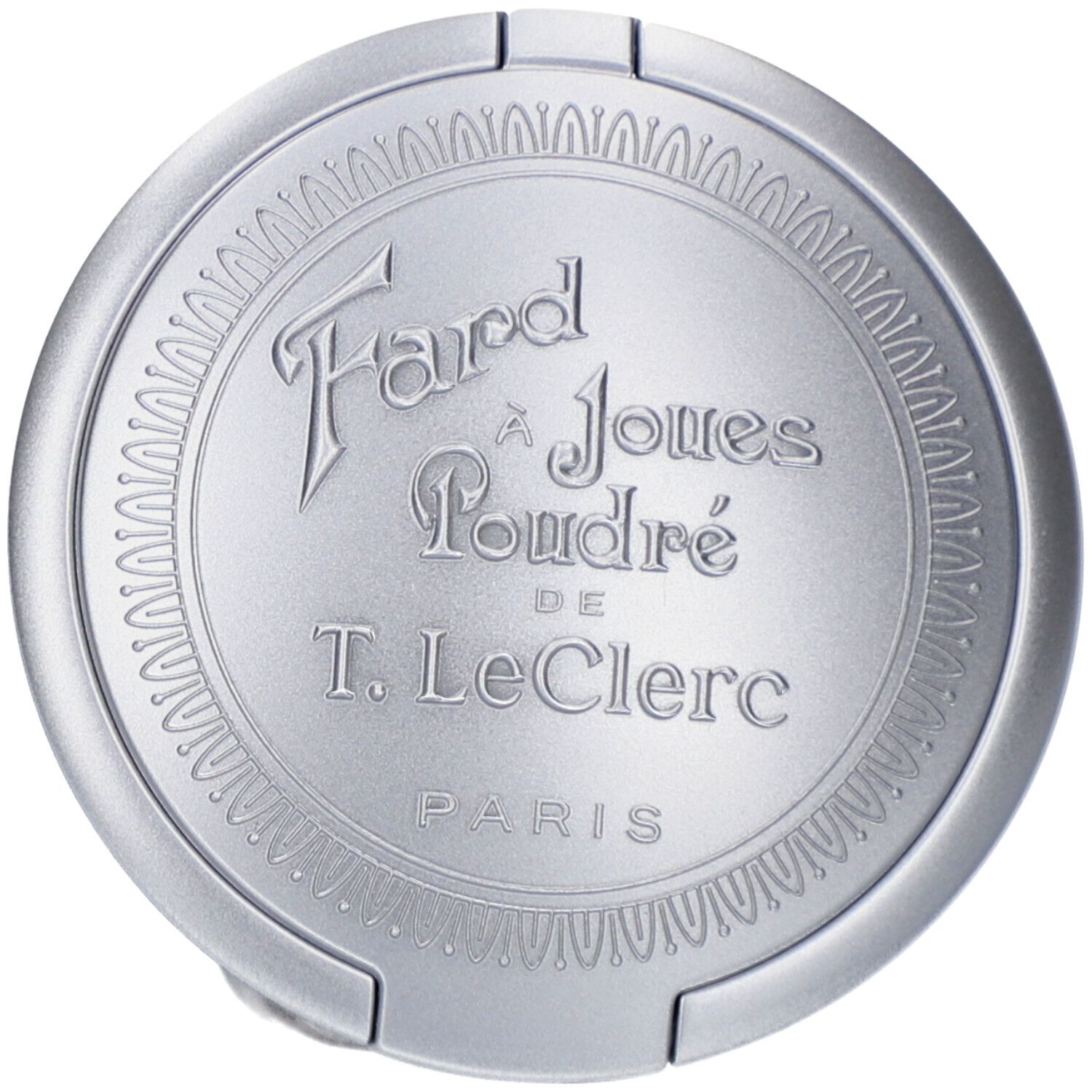 Runder, silberfarbener Behälter mit Prägung. Text: Far à Joues Poudré de T. LeClerc, Paris.