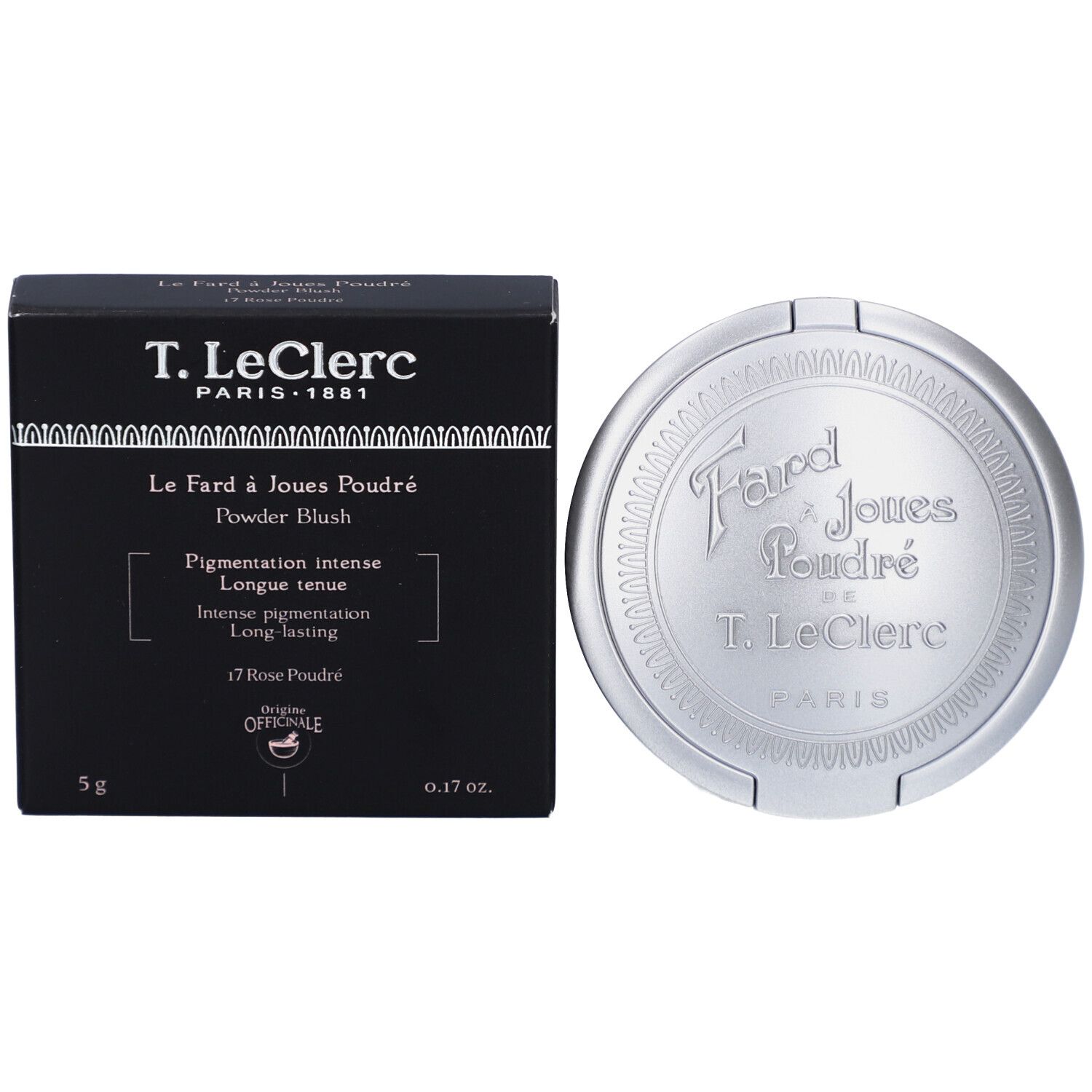 Schwarze Verpackung und silberfarbener Behälter. Text: T. LeClerc, Le Fard à Joues Poudré, 5g, 0.17 oz.