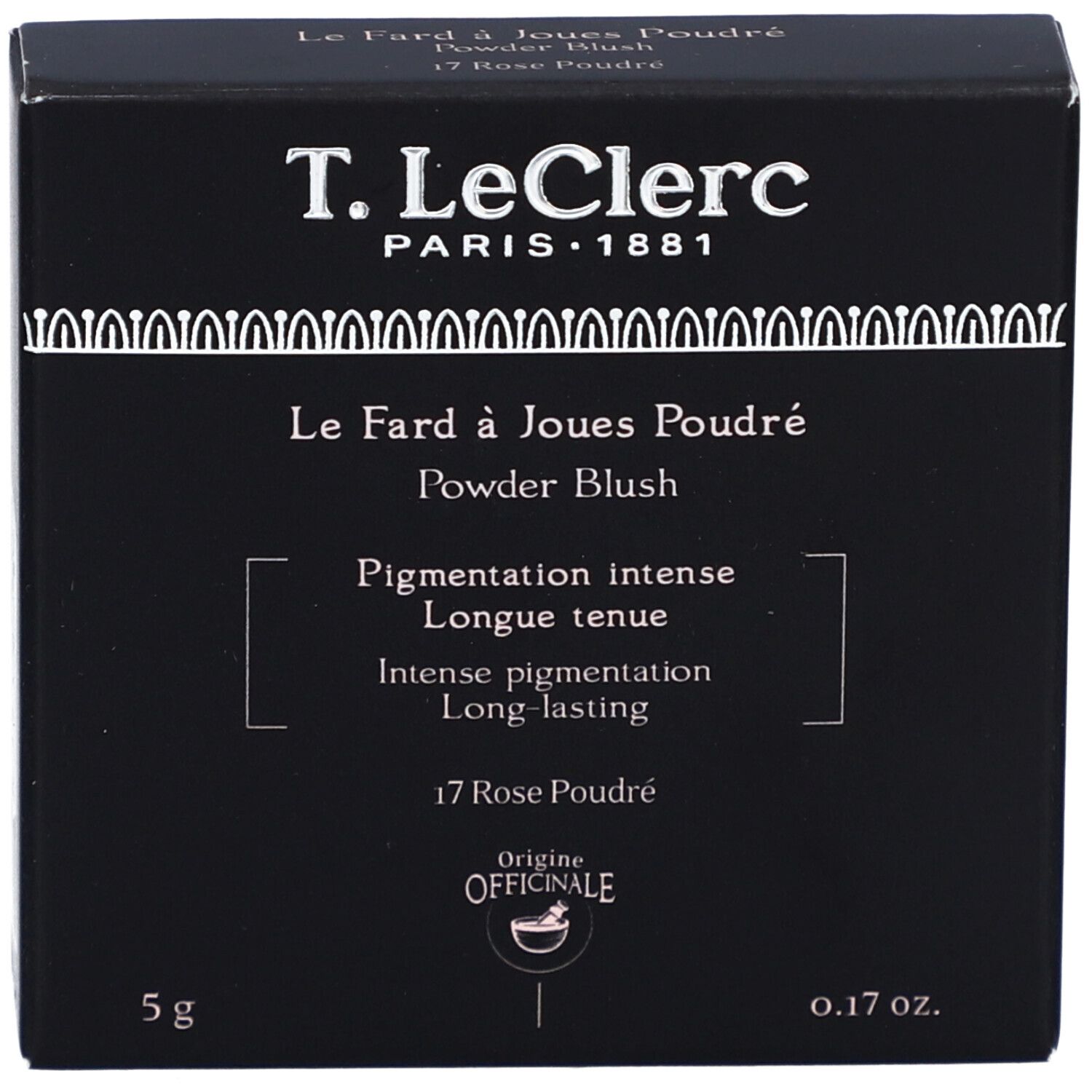 Schwarze Verpackung. Text: T. LeClerc, Le Fard à Joues Poudré, 17 Rose Poudré, 5g, 0.17 oz.