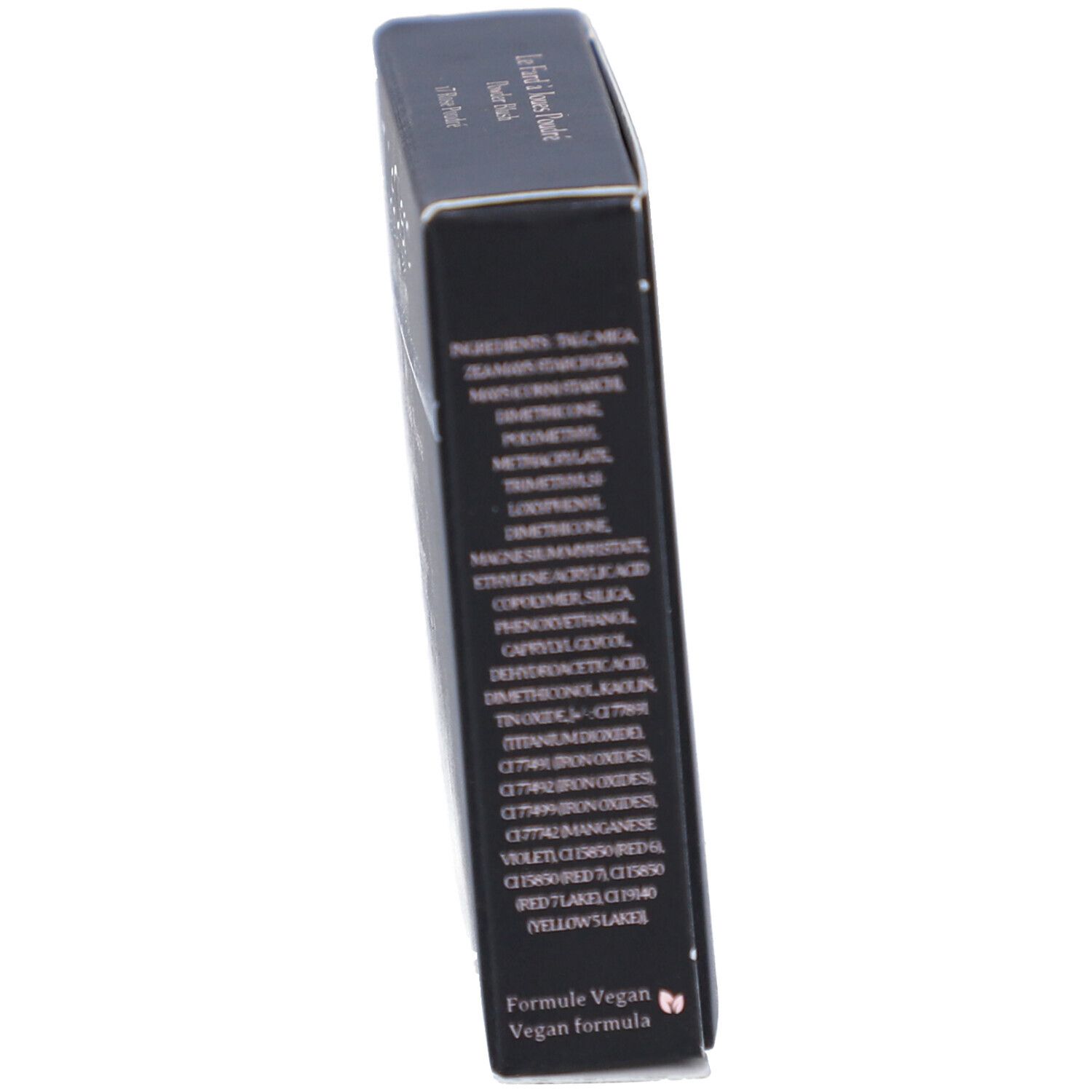 Schwarze Verpackung, Inhaltsstoffe. Text: Formule Vegan, Vegan formula.