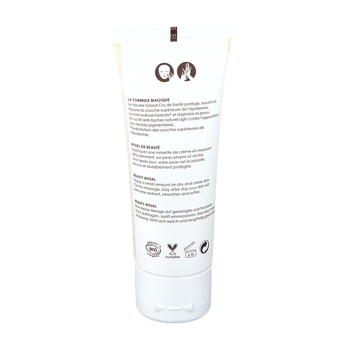 Tube de crème avec texte. Logos bio et symboles. Texte: Rituel beauté, ingrédients, etc.