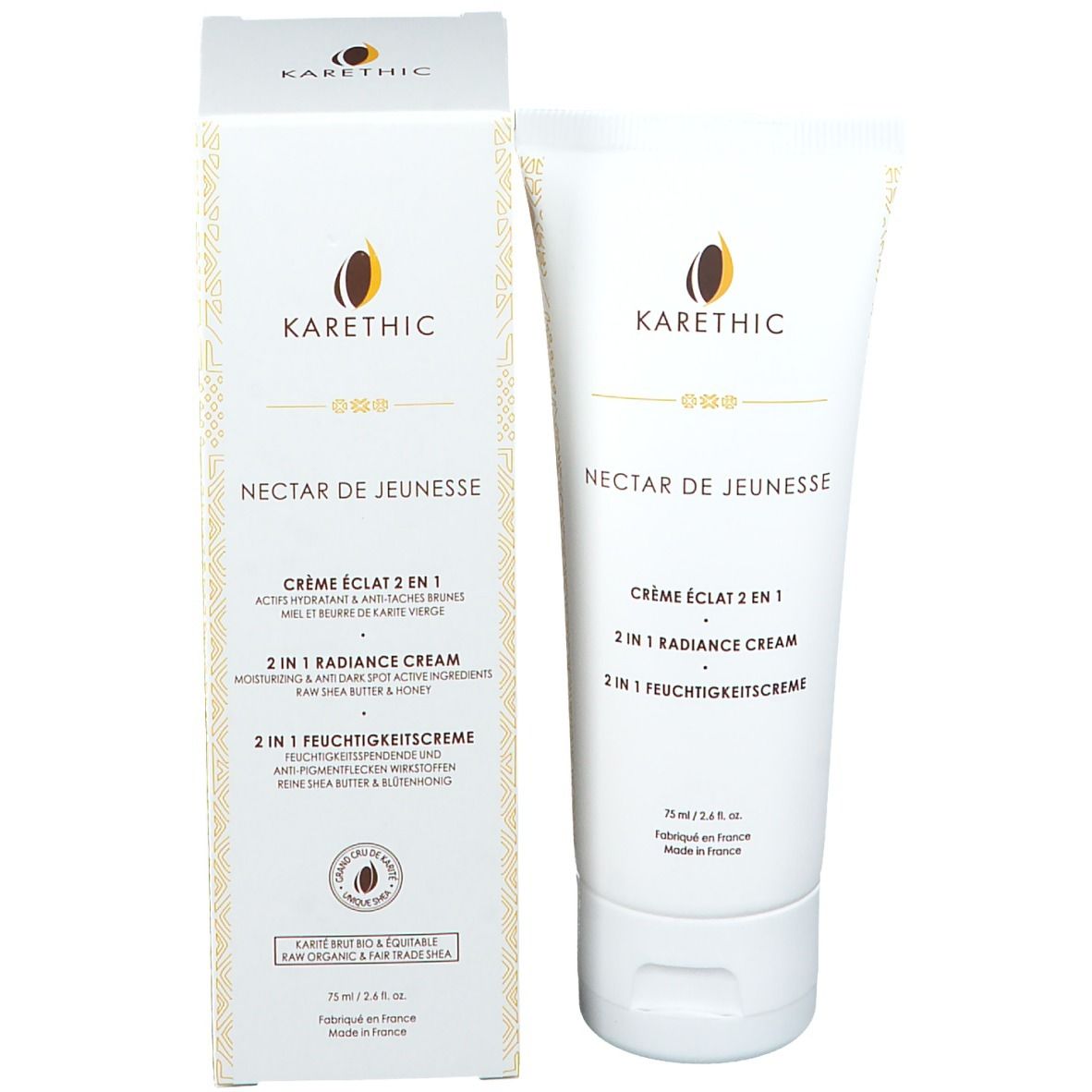 Crème Karethic Nectar de Jeunesse et emballage. Texte: Crème éclat 2 en 1, 2 en 1 Feuchtigkeitspflege.