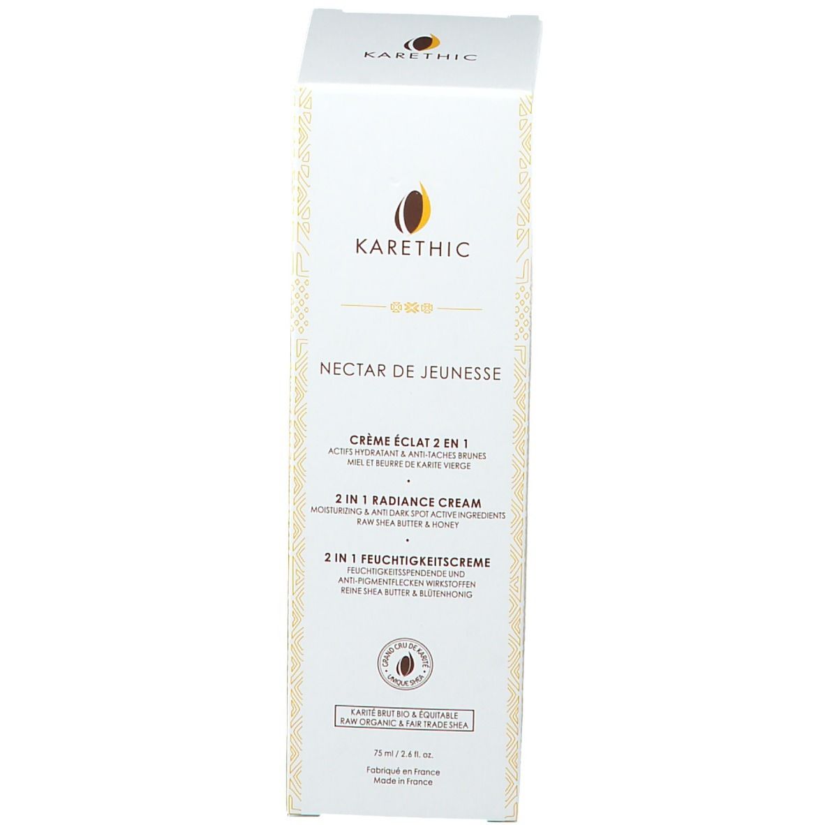 Emballage Karethic Nectar de Jeunesse. Texte: Crème éclat 2 en 1, 2 in 1 Feuchtigkeitspflege.