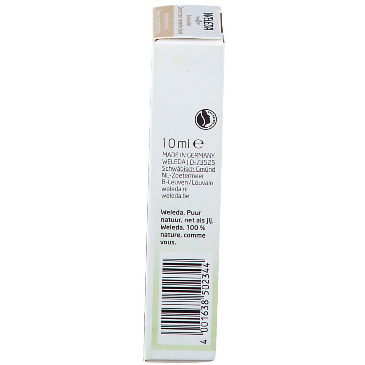 Schachtel. Seite mit Herstellerangaben, 10 ml, Barcode. Aufschrift: WELEDA.