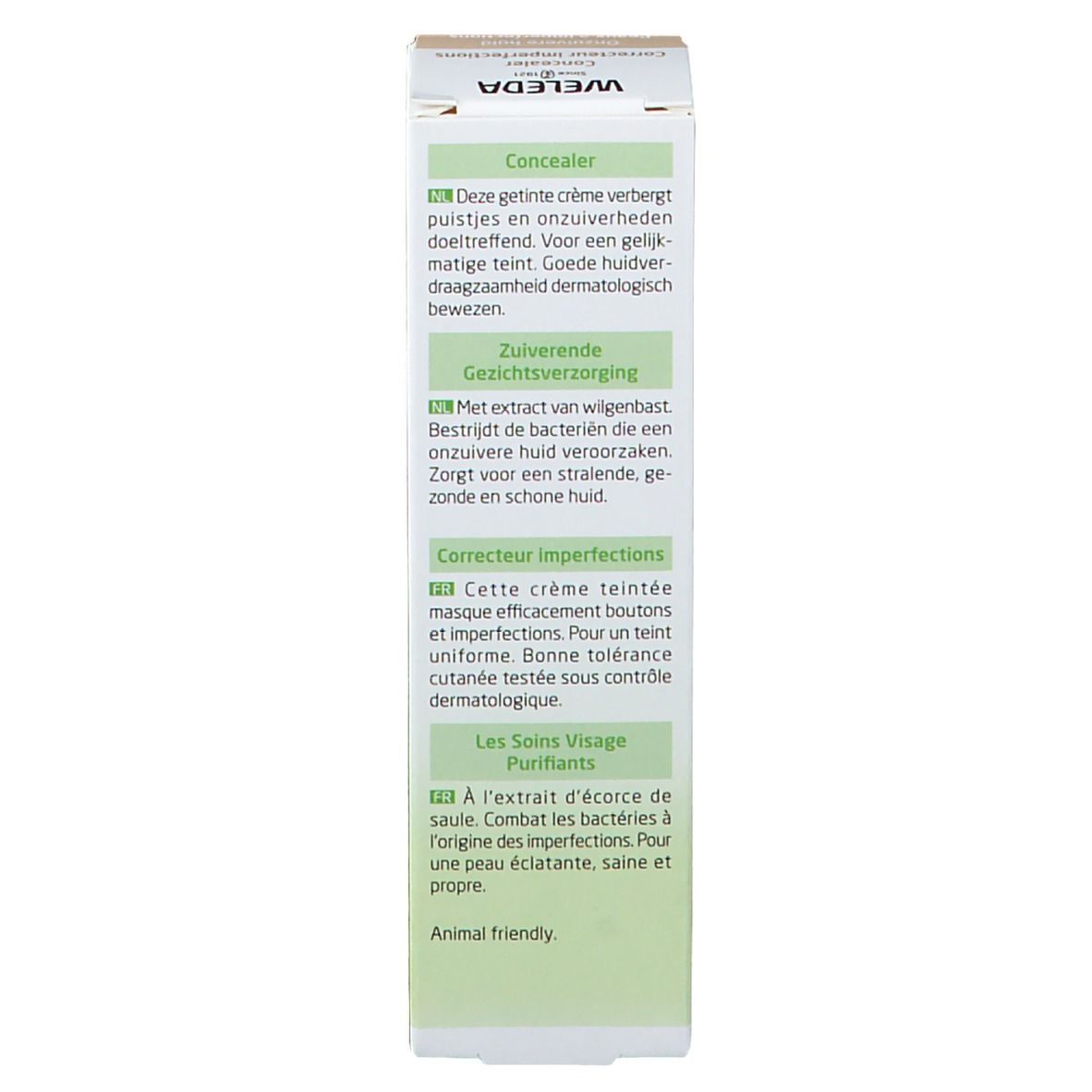 Schachtel. Text in mehreren Sprachen. Produktbeschreibung, Anwendungshinweise. Grün-weiße Farbgebung.