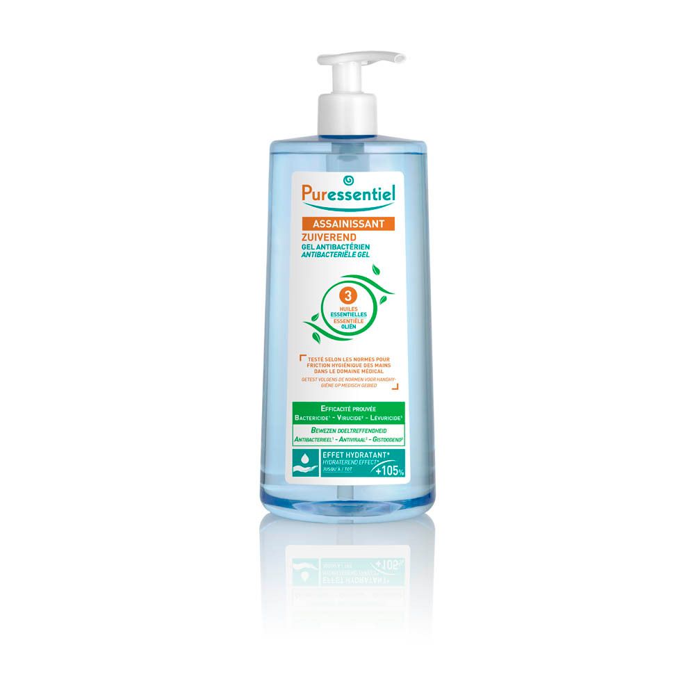Blauwe transparante fles met witte pomp. Opschrift: Puressentiel, Assainissant, Gel Antibactérien. Groen-witte etiketten.