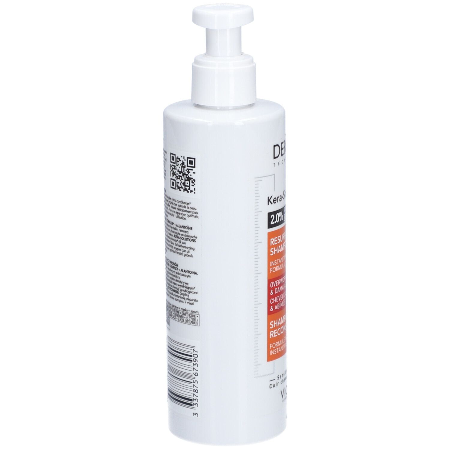 Achterkant van een shampoo fles. Tekst en QR-code.