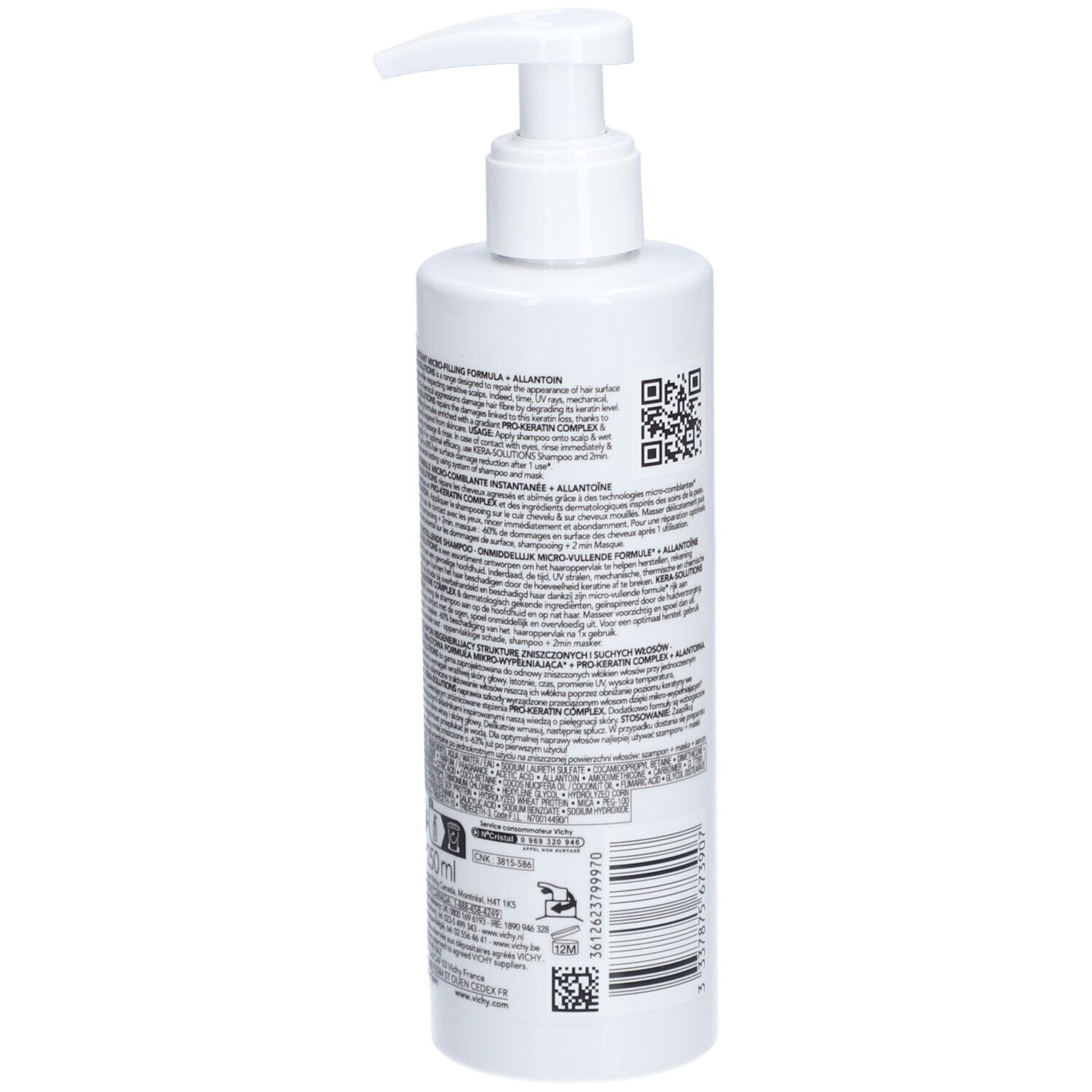 Achterkant van een shampoo fles. Tekst en QR-code.