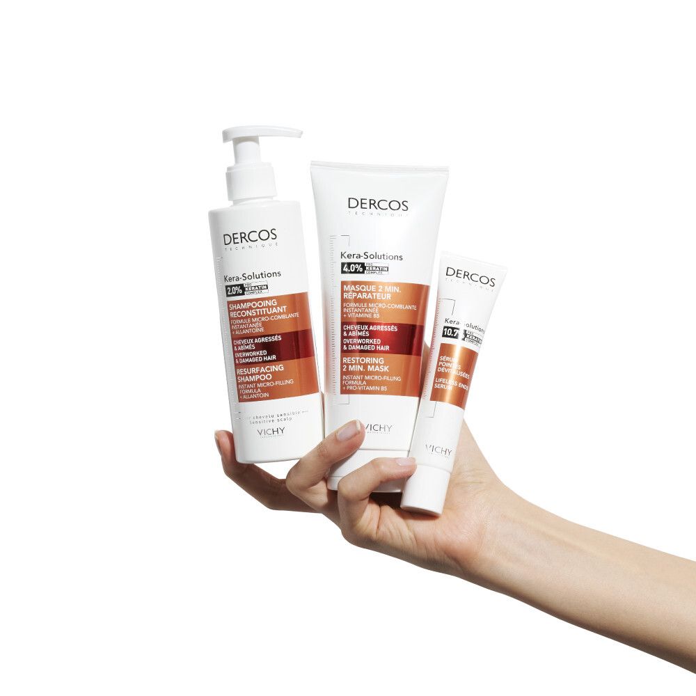Drie producten: shampoo, masker en serum. Opschrift: Dercos Kera-Solutions.