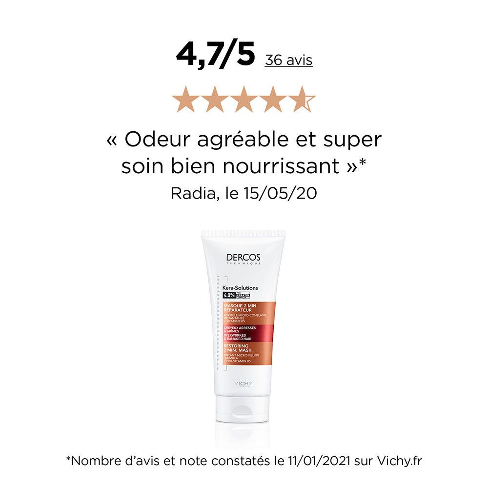 Évaluation et citation. Tube en arrière-plan. Inscriptions: Dercos, Kera-Solutions, Masque 2 min. réparateur.