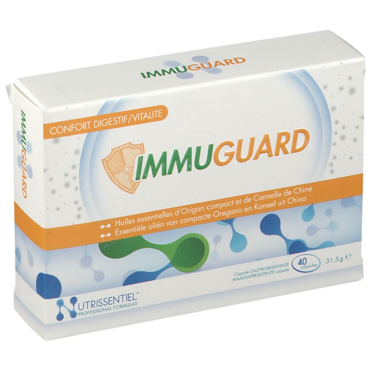 Boîte "IMMUGUARD". Contient 40 gélules. Éléments graphiques bleus et orange.