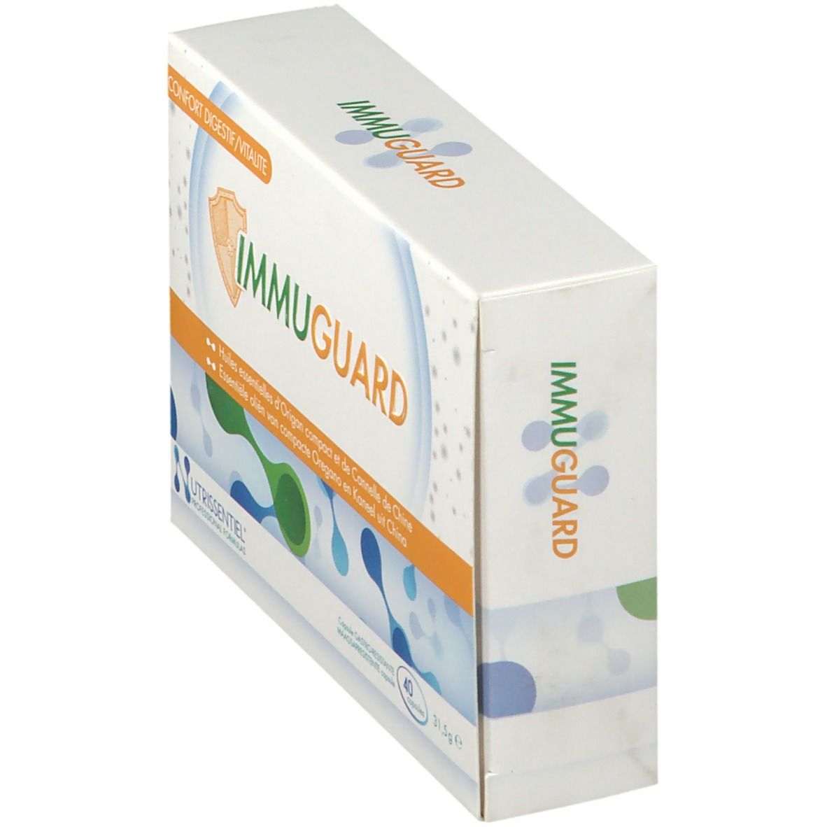 Boîte "IMMUGUARD" en biais. Blanche avec éléments orange et bleus.